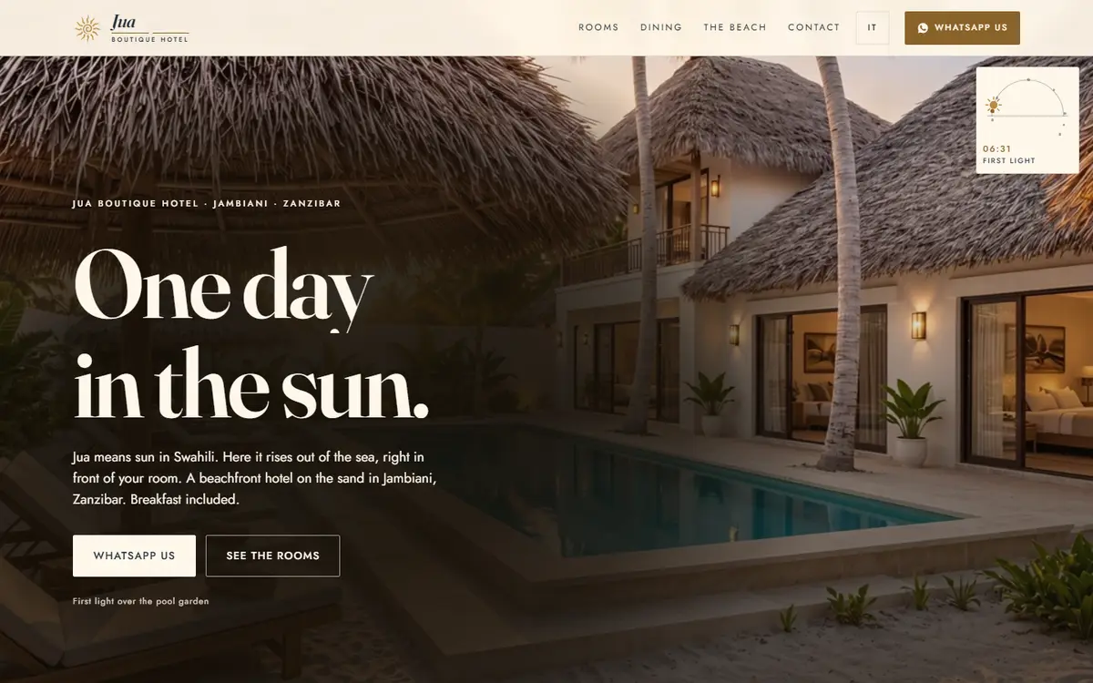 Jua Boutique Hotel homepage on a desktop screen