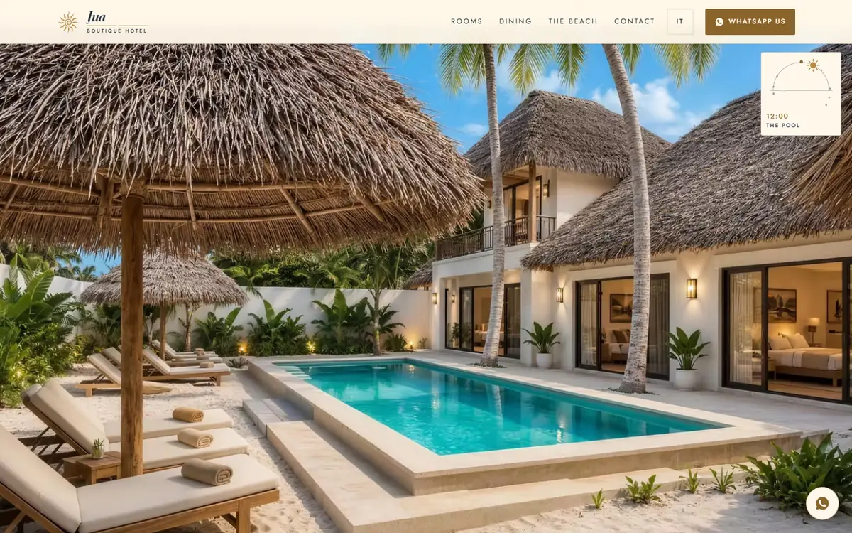 The Jua Boutique Hotel pool garden with thatched villas