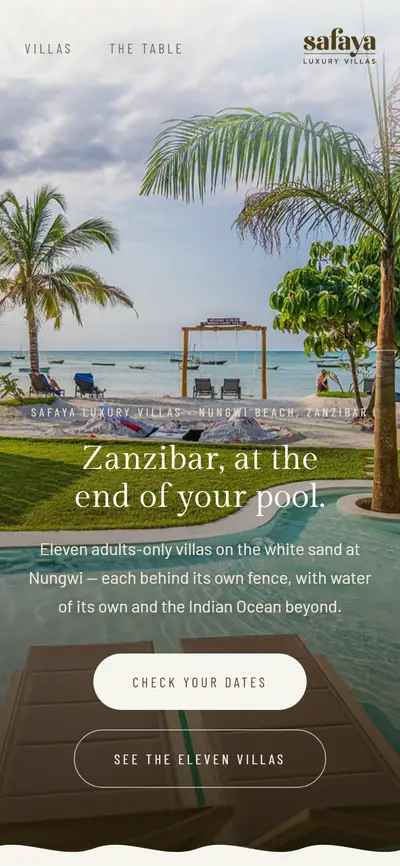 A concept homepage for a villa resort on the Zanzibar coast